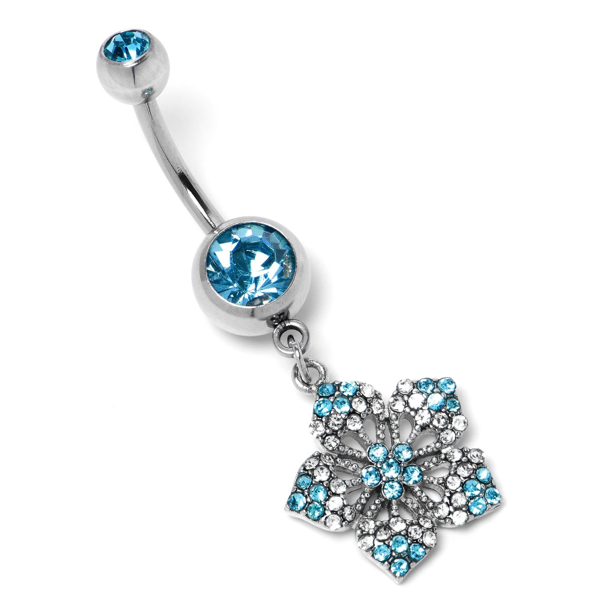 BodyCandy Blue Gem Twin Flower Dangle Belly Ring — lifestyle context