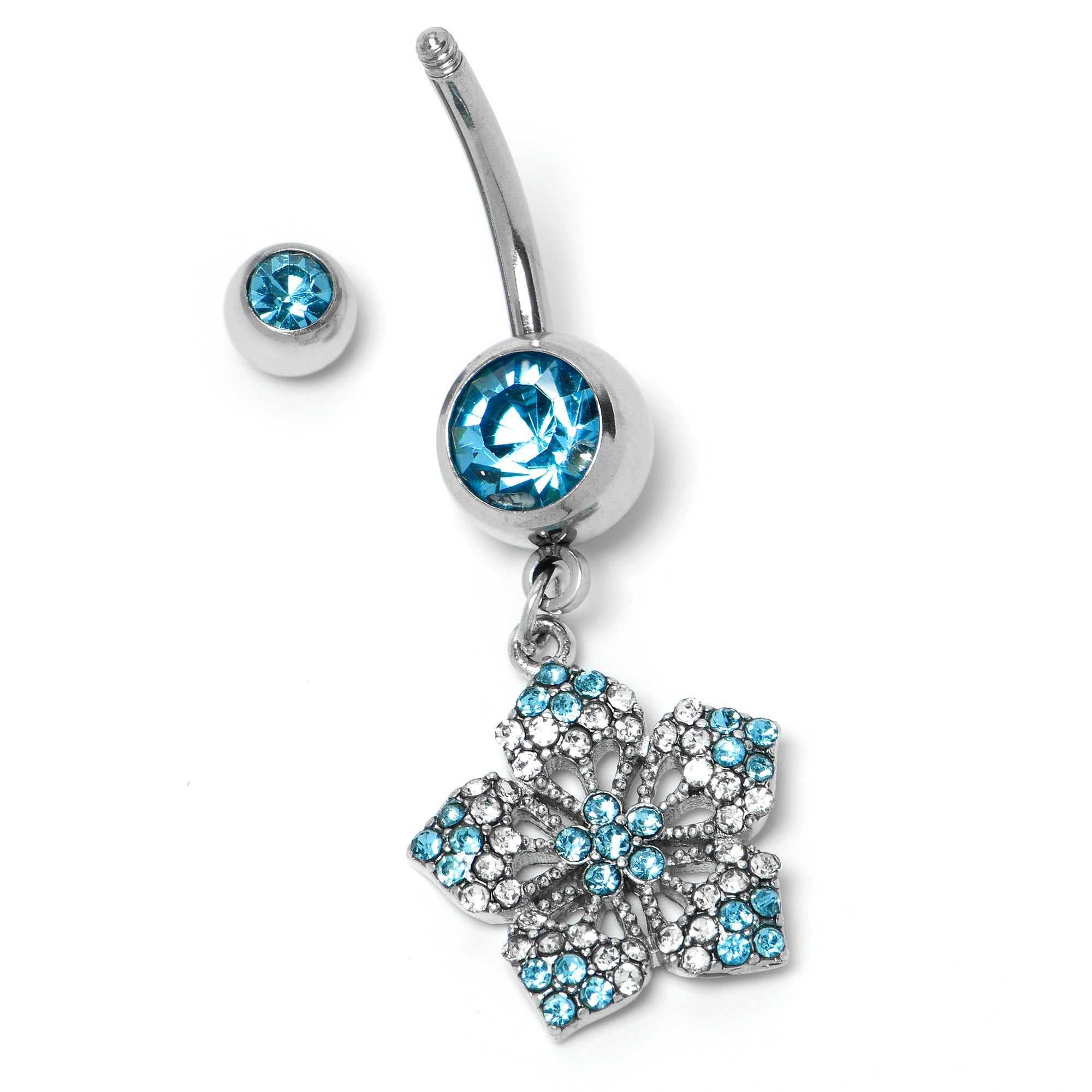 BodyCandy Blue Gem Twin Flower Dangle Belly Ring — side view
