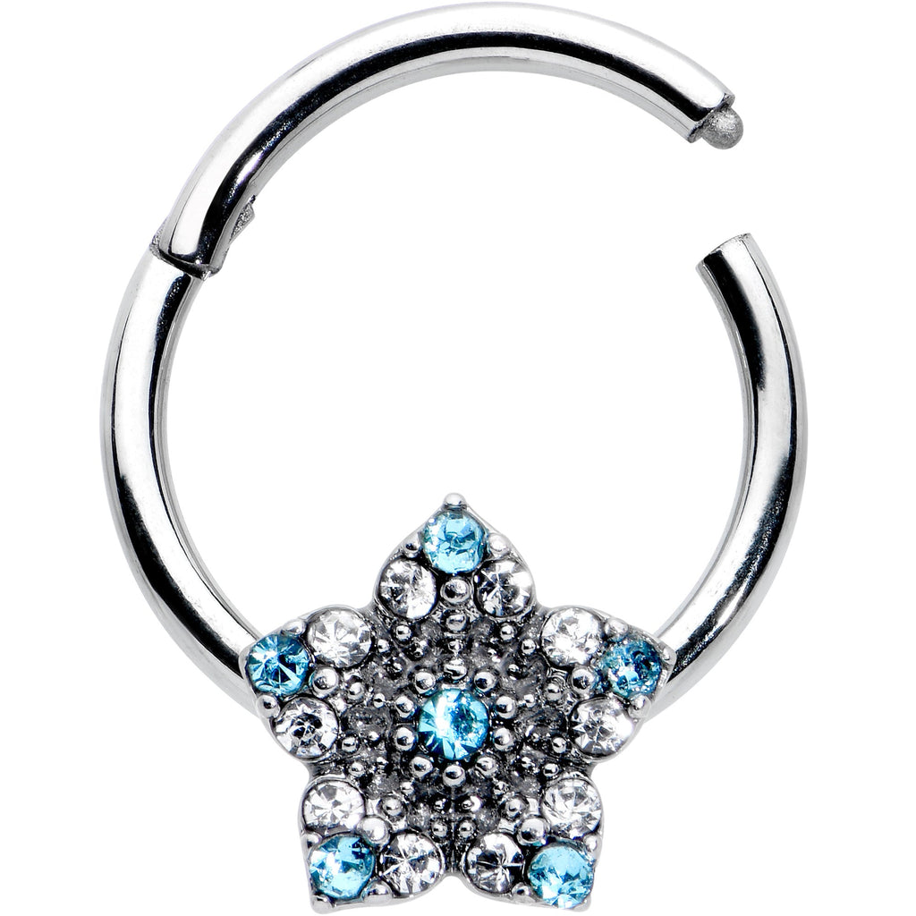 BodyCandy 16G 3/8 Blue Clear Gem Opulent Flower Hinged Segment Ring — detail close-up
