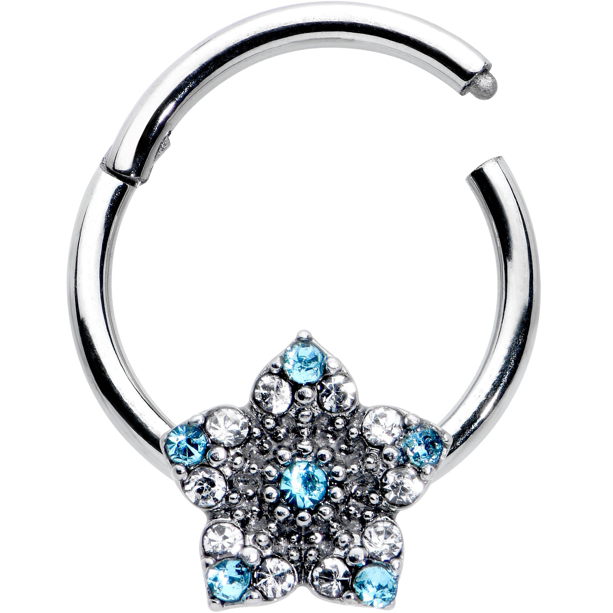 BodyCandy 16G 3/8 Blue Clear Gem Opulent Flower Hinged Segment Ring — detail close-up