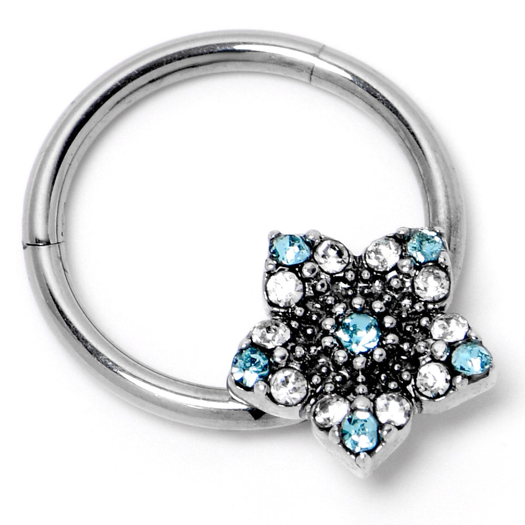 BodyCandy 16G 3/8 Blue Clear Gem Opulent Flower Hinged Segment Ring — side view