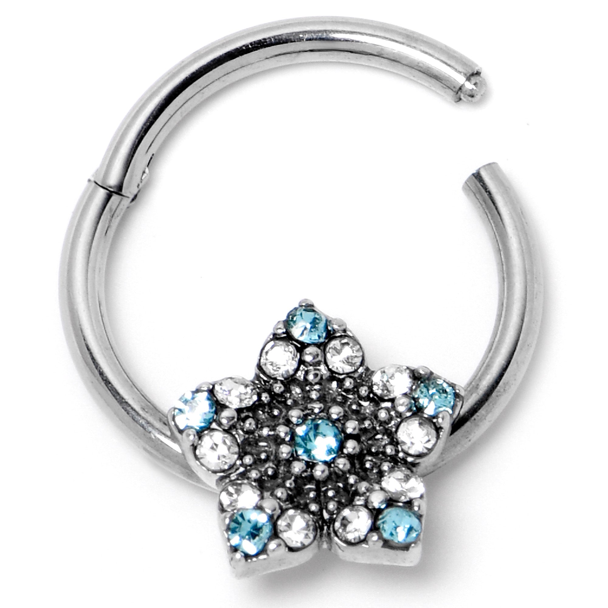 BodyCandy 16G 3/8 Blue Clear Gem Opulent Flower Hinged Segment Ring — back view