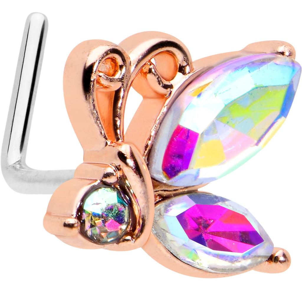 BodyCandy 20G 7mm Aurora CZ Gem Fleur de Lis Rosy Butterfly L Shape Nose Ring — main product shot