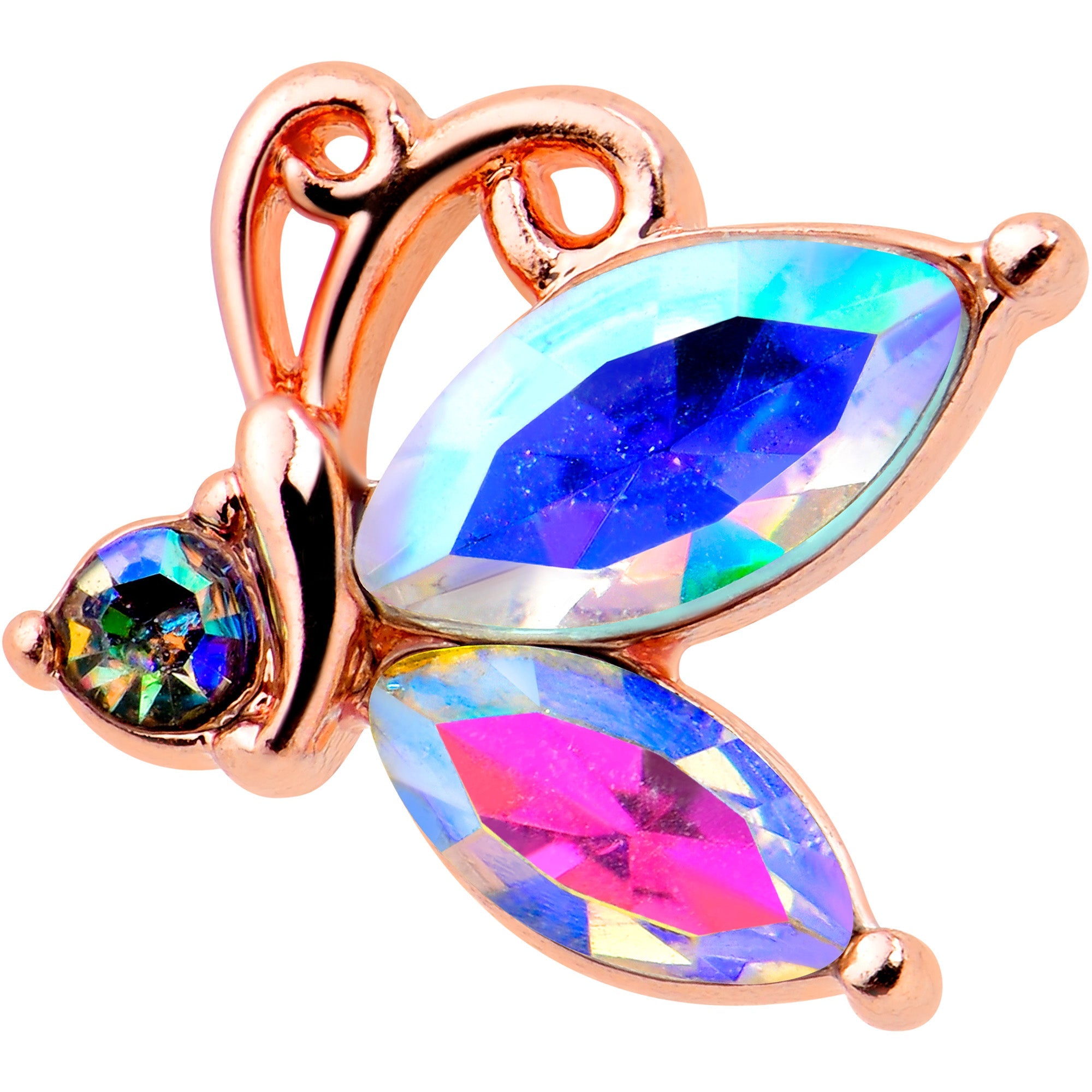 BodyCandy 20G 7mm Aurora CZ Gem Fleur de Lis Rosy Butterfly L Shape Nose Ring — detail close-up