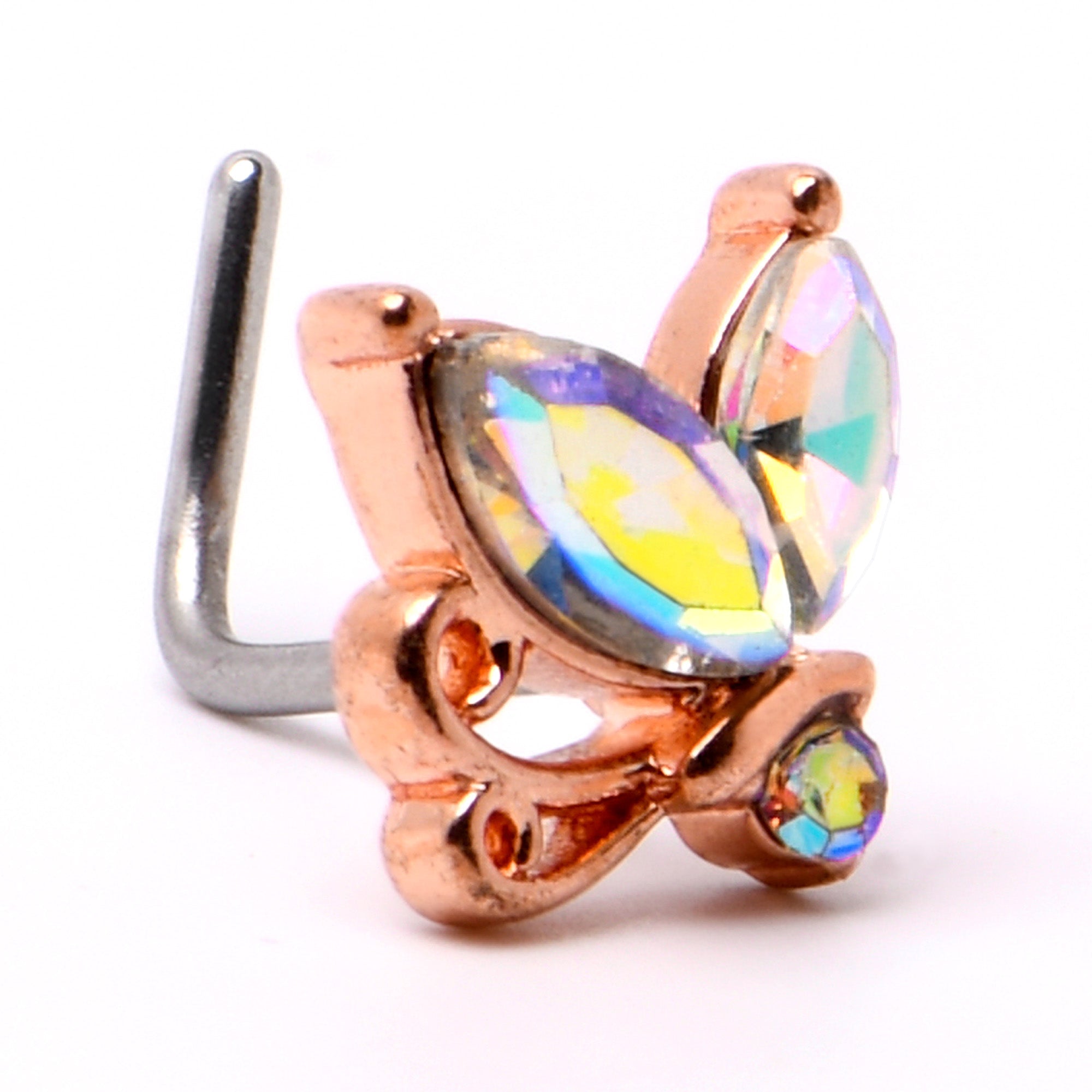 BodyCandy 20G 7mm Aurora CZ Gem Fleur de Lis Rosy Butterfly L Shape Nose Ring — back view