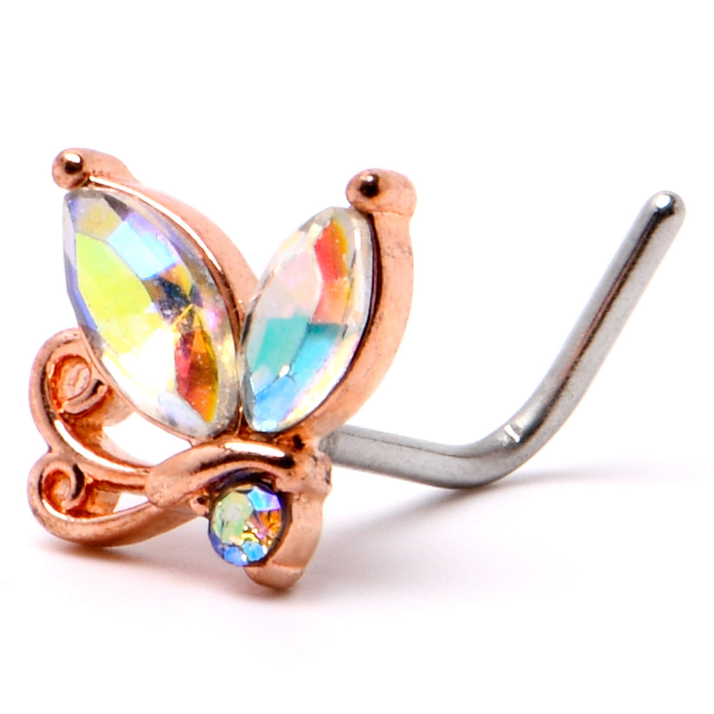 BodyCandy 20G 7mm Aurora CZ Gem Fleur de Lis Rosy Butterfly L Shape Nose Ring — alternative angle