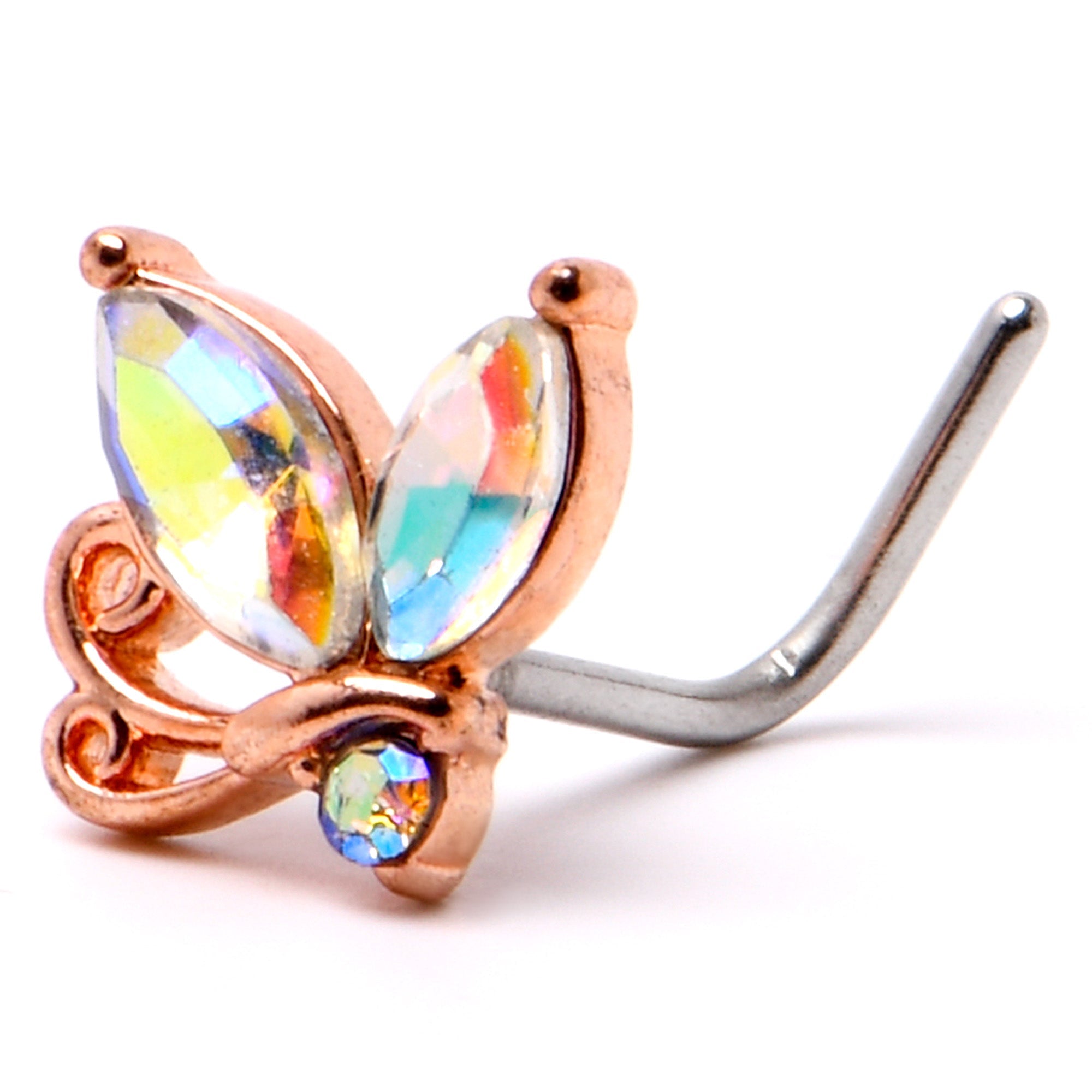 BodyCandy 20G 7mm Aurora CZ Gem Fleur de Lis Rosy Butterfly L Shape Nose Ring — alternative angle