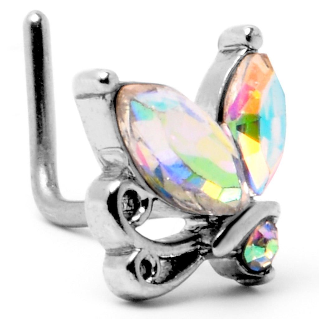BodyCandy 20G 7mm Aurora CZ Gem Fleur de Lis Butterfly L Shape Nose Ring — back view