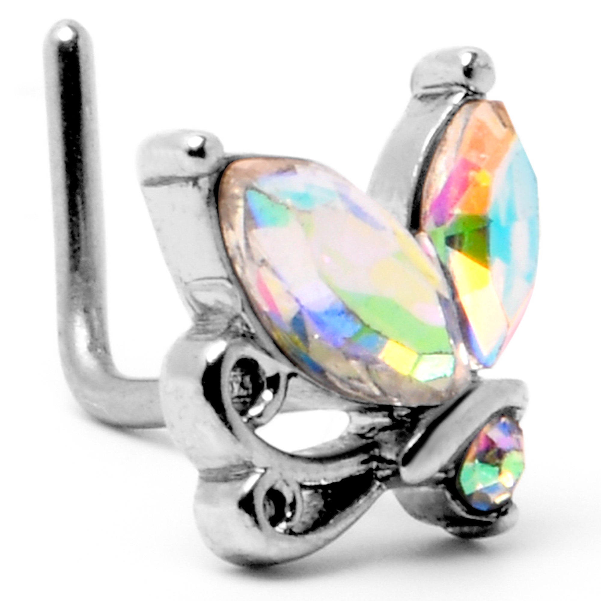BodyCandy 20G 7mm Aurora CZ Gem Fleur de Lis Butterfly L Shape Nose Ring — back view