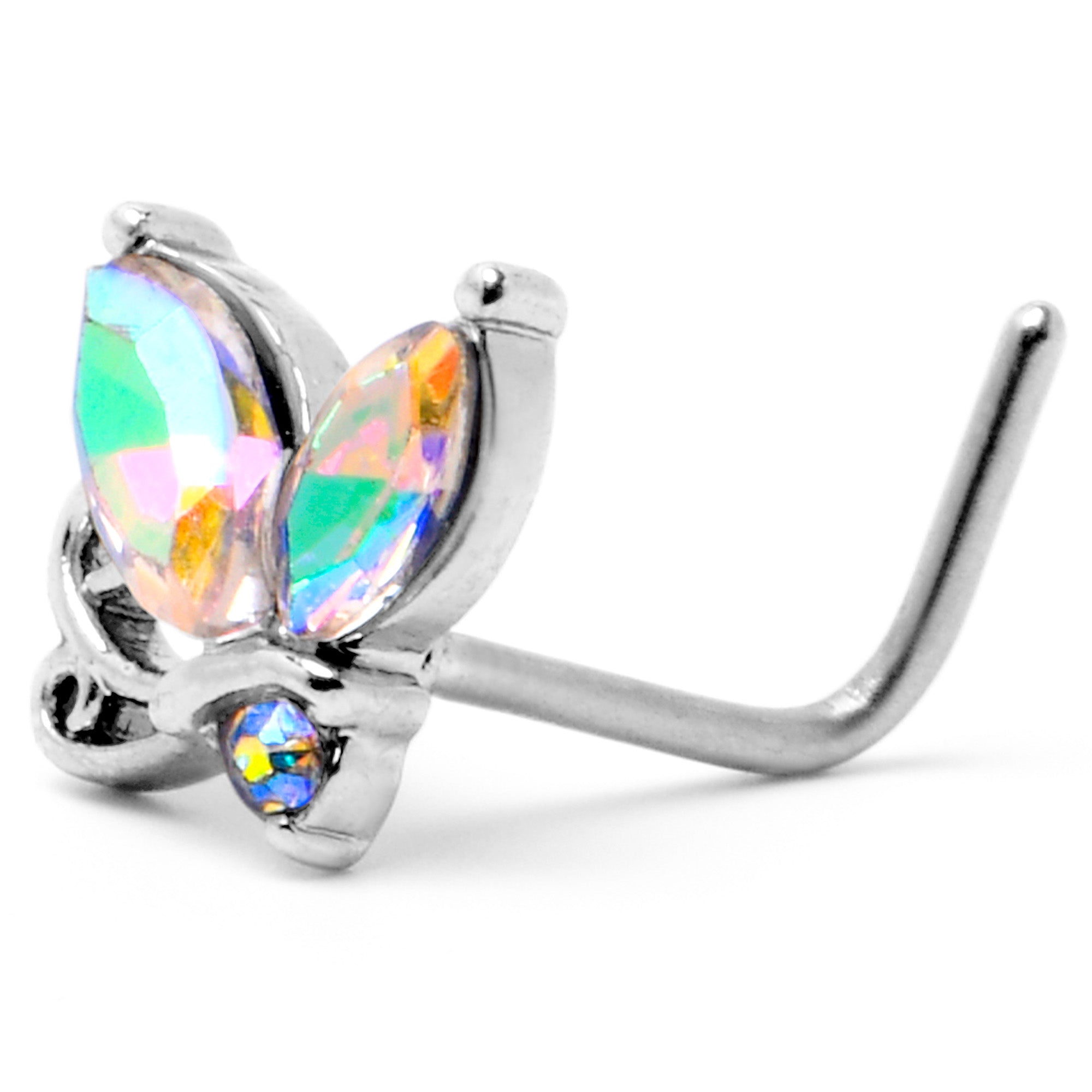BodyCandy 20G 7mm Aurora CZ Gem Fleur de Lis Butterfly L Shape Nose Ring — alternative angle