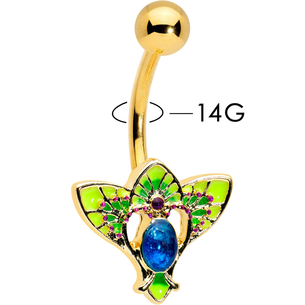 BodyCandy Blue Purple Gem Gold Tone Tropic Fan Belly Ring — detail close-up