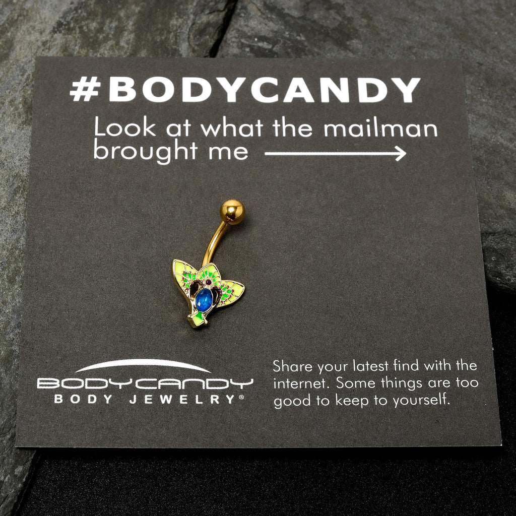 BodyCandy Blue Purple Gem Gold Tone Tropic Fan Belly Ring — in-use photo