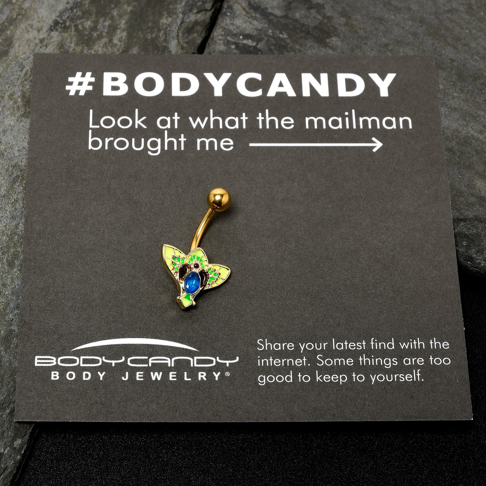 BodyCandy Blue Purple Gem Gold Tone Tropic Fan Belly Ring — in-use photo