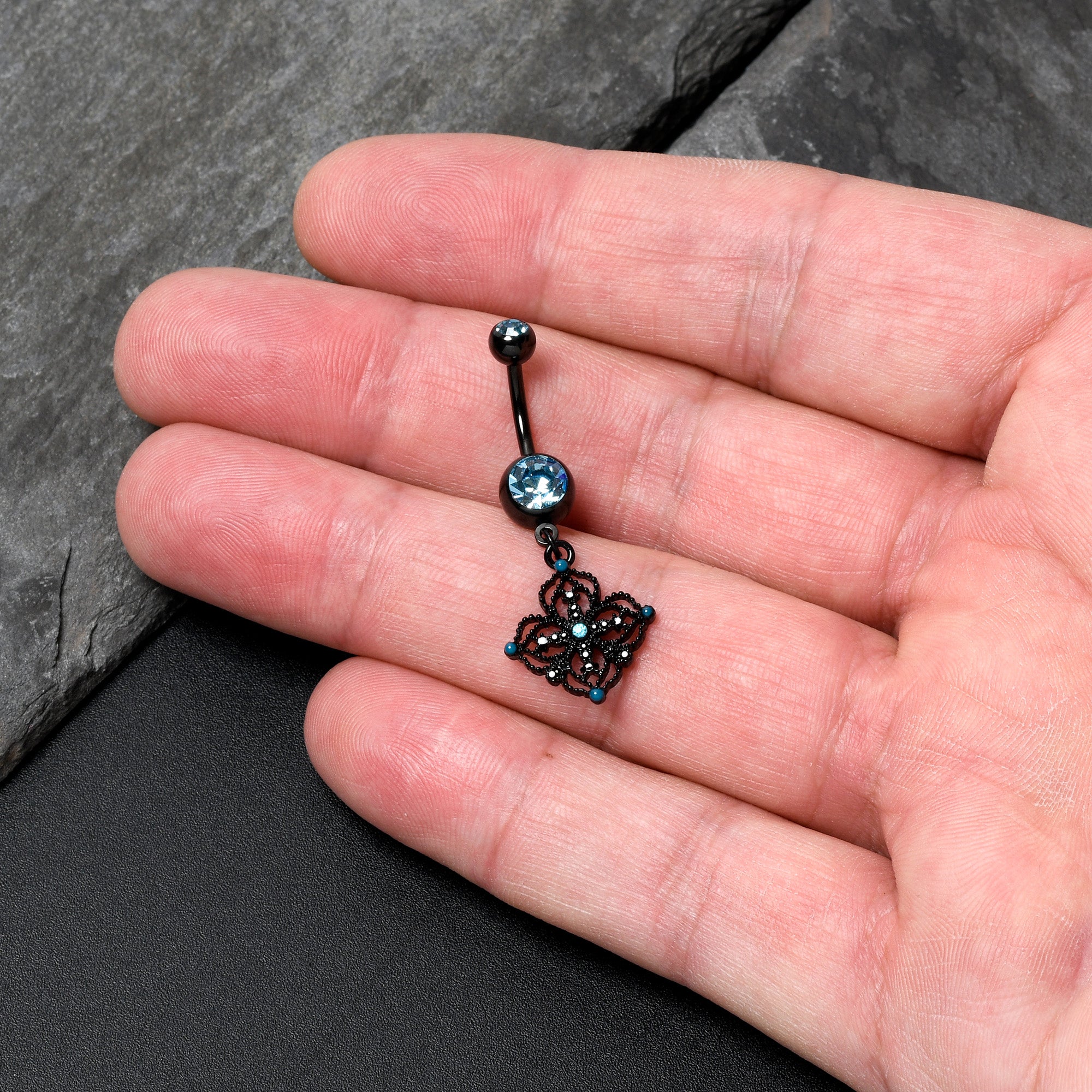 BodyCandy Blue Gem Black Lacy Rhombus Dangle Belly Ring — detail close-up