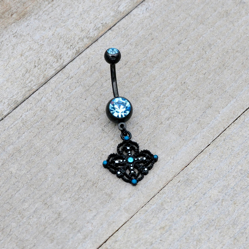 BodyCandy Blue Gem Black Lacy Rhombus Dangle Belly Ring — lifestyle context