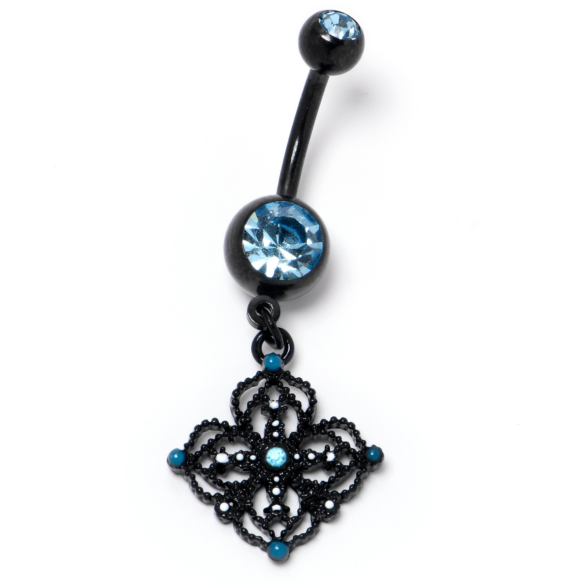 BodyCandy Blue Gem Black Lacy Rhombus Dangle Belly Ring — side view