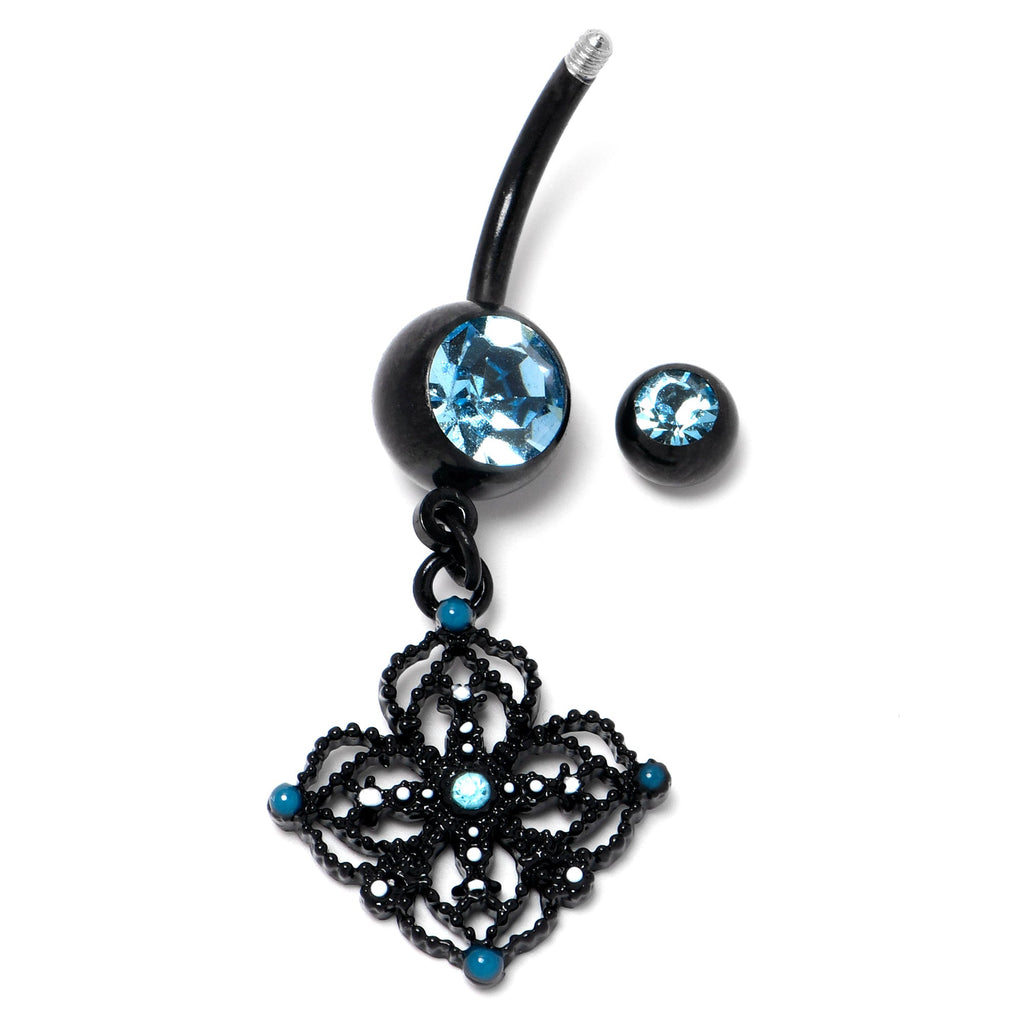 BodyCandy Blue Gem Black Lacy Rhombus Dangle Belly Ring — back view
