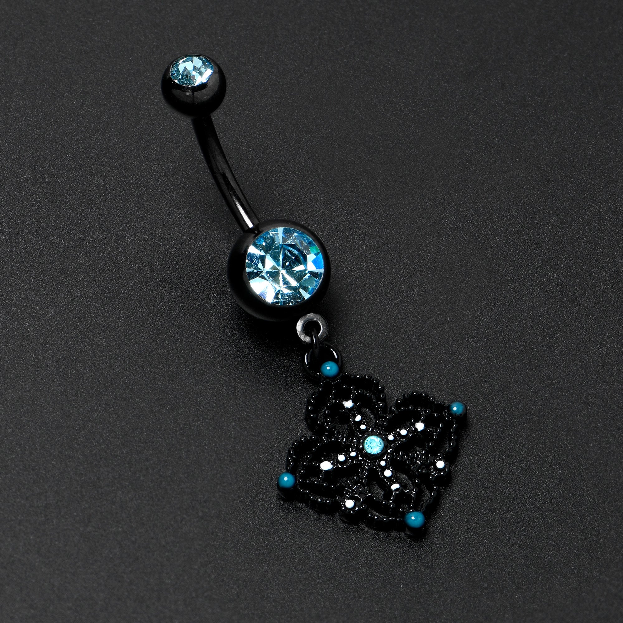 BodyCandy Blue Gem Black Lacy Rhombus Dangle Belly Ring — alternative angle