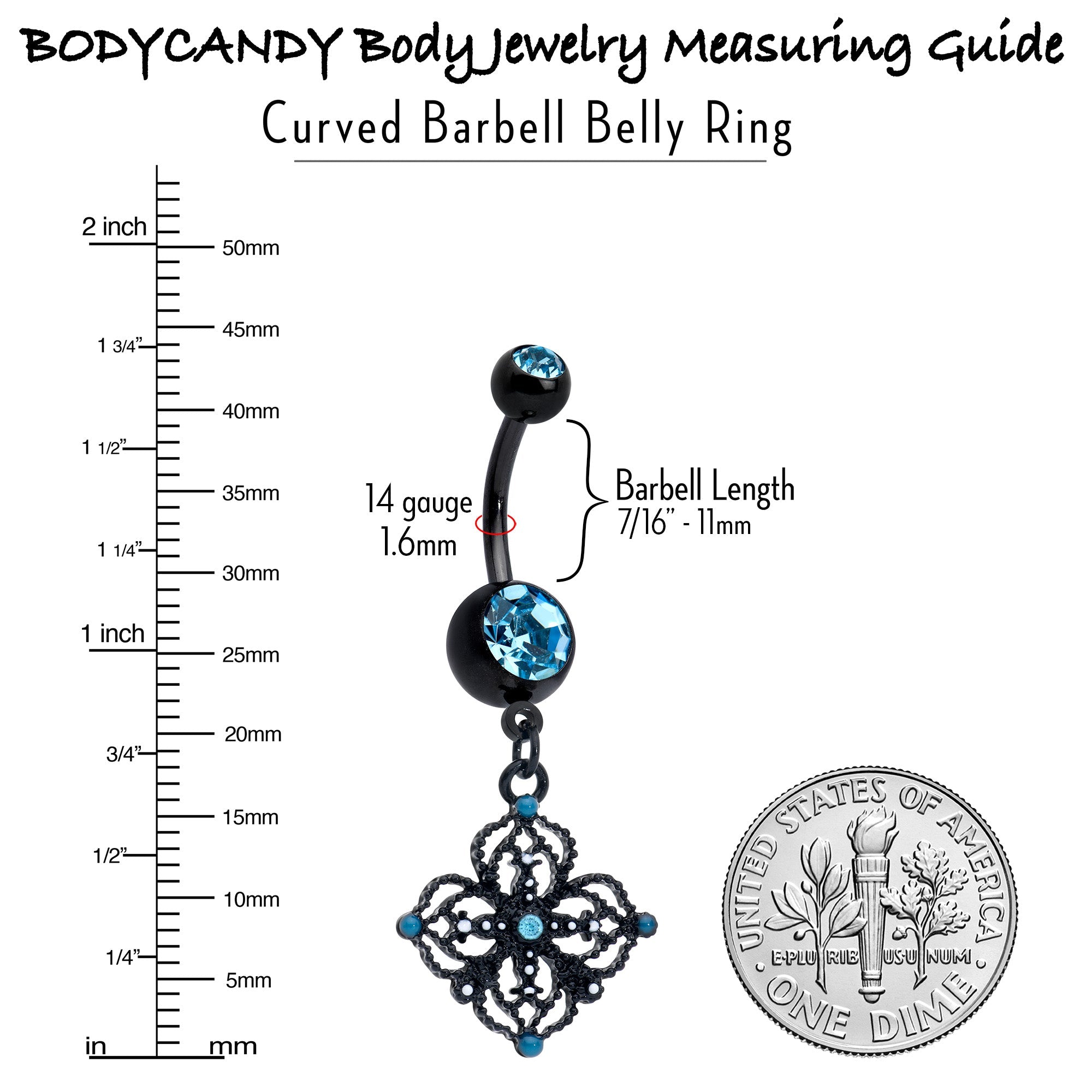 BodyCandy Blue Gem Black Lacy Rhombus Dangle Belly Ring — in-use photo