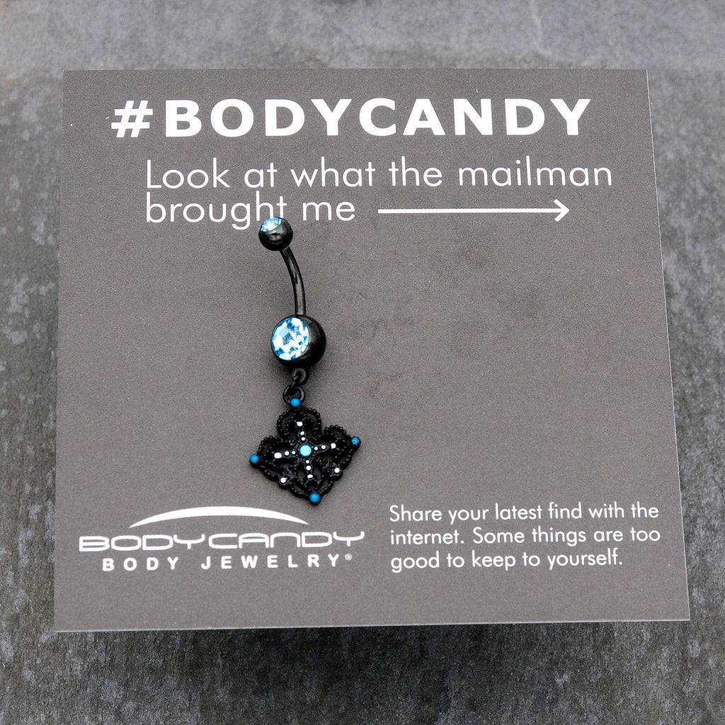 BodyCandy Blue Gem Black Lacy Rhombus Dangle Belly Ring — size reference
