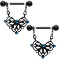 BodyCandy 14G 9/16 Blue Gem Black Lacy Rhombus Dangle Nipple Ring Set — main product shot
