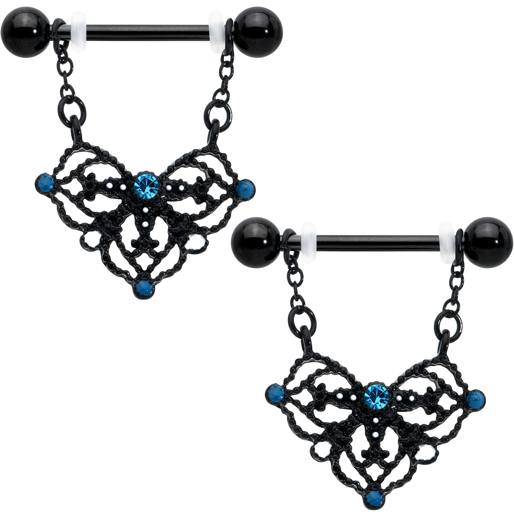 BodyCandy 14G 9/16 Blue Gem Black Lacy Rhombus Dangle Nipple Ring Set — main product shot
