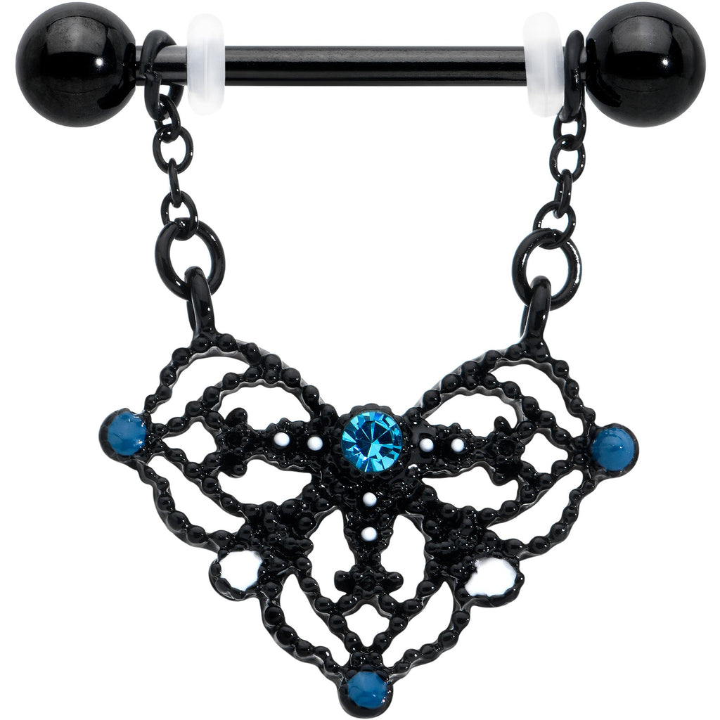 BodyCandy 14G 9/16 Blue Gem Black Lacy Rhombus Dangle Nipple Ring Set — detail close-up