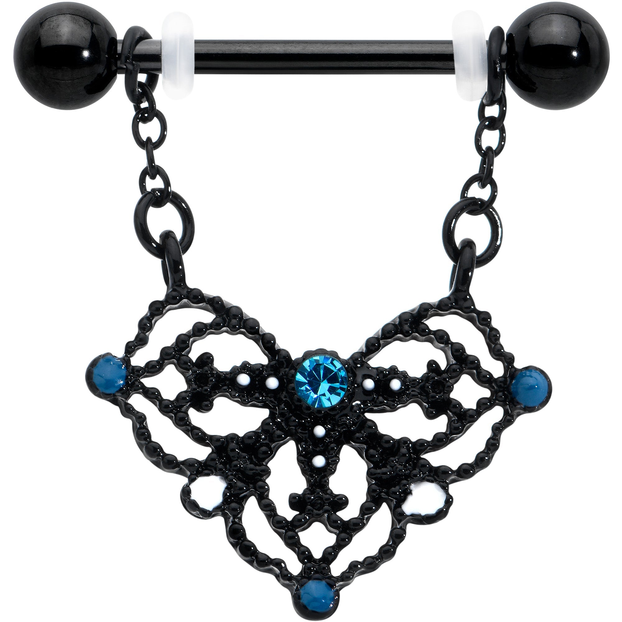 BodyCandy 14G 9/16 Blue Gem Black Lacy Rhombus Dangle Nipple Ring Set — detail close-up