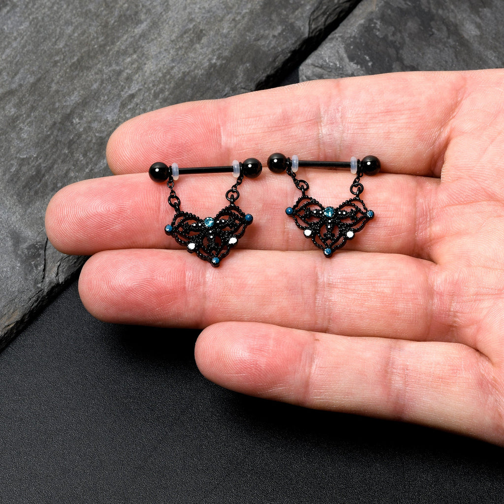 BodyCandy 14G 9/16 Blue Gem Black Lacy Rhombus Dangle Nipple Ring Set — lifestyle context