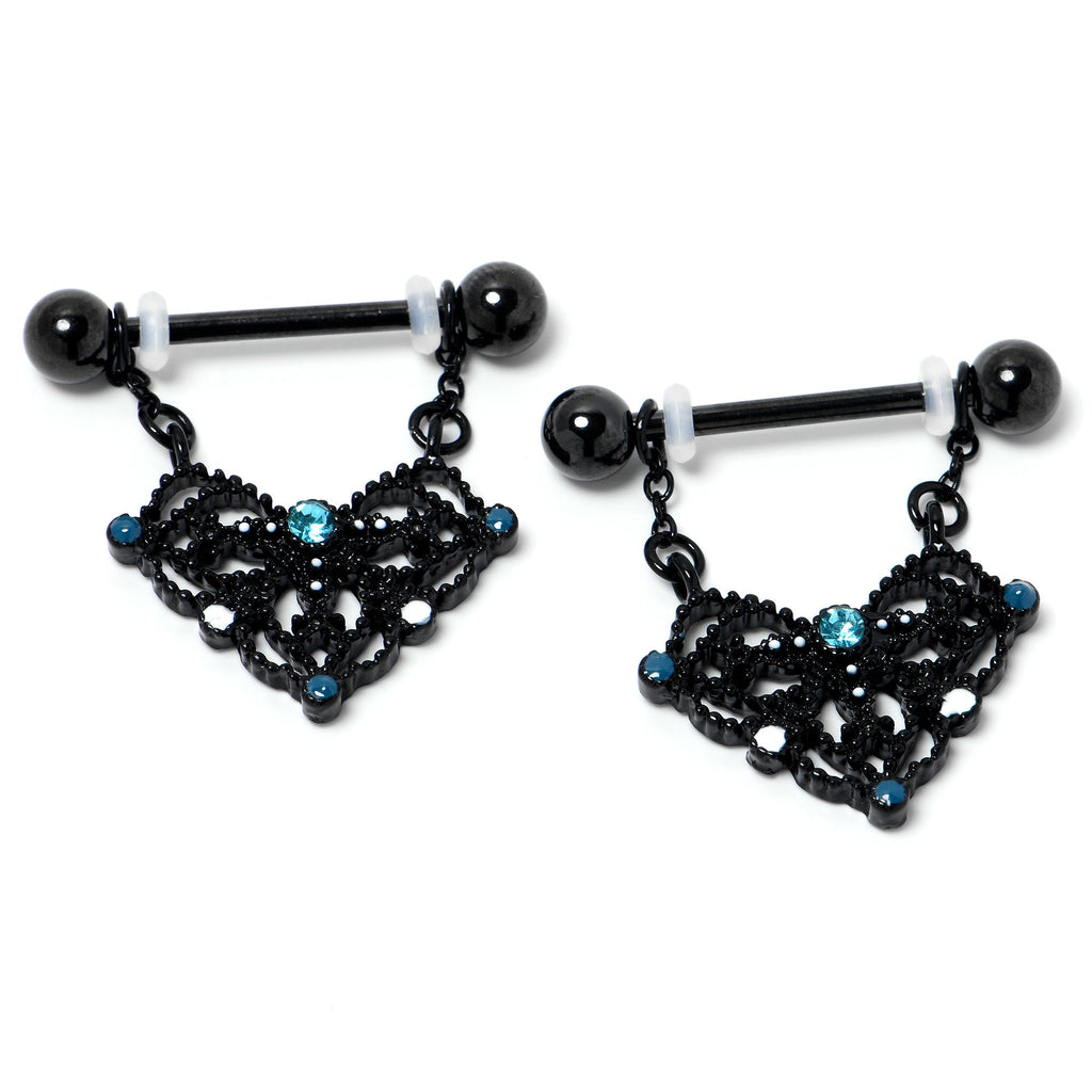 BodyCandy 14G 9/16 Blue Gem Black Lacy Rhombus Dangle Nipple Ring Set — side view