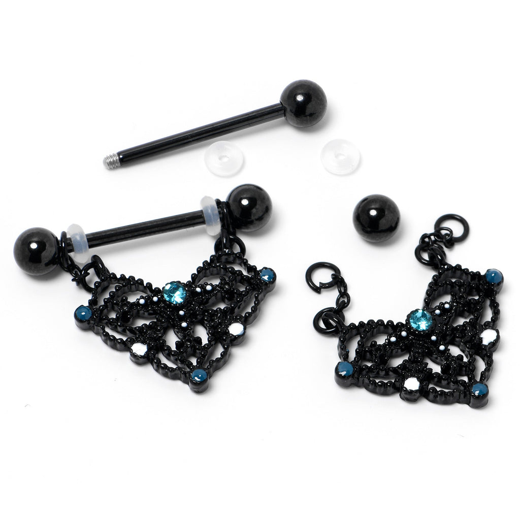 BodyCandy 14G 9/16 Blue Gem Black Lacy Rhombus Dangle Nipple Ring Set — back view