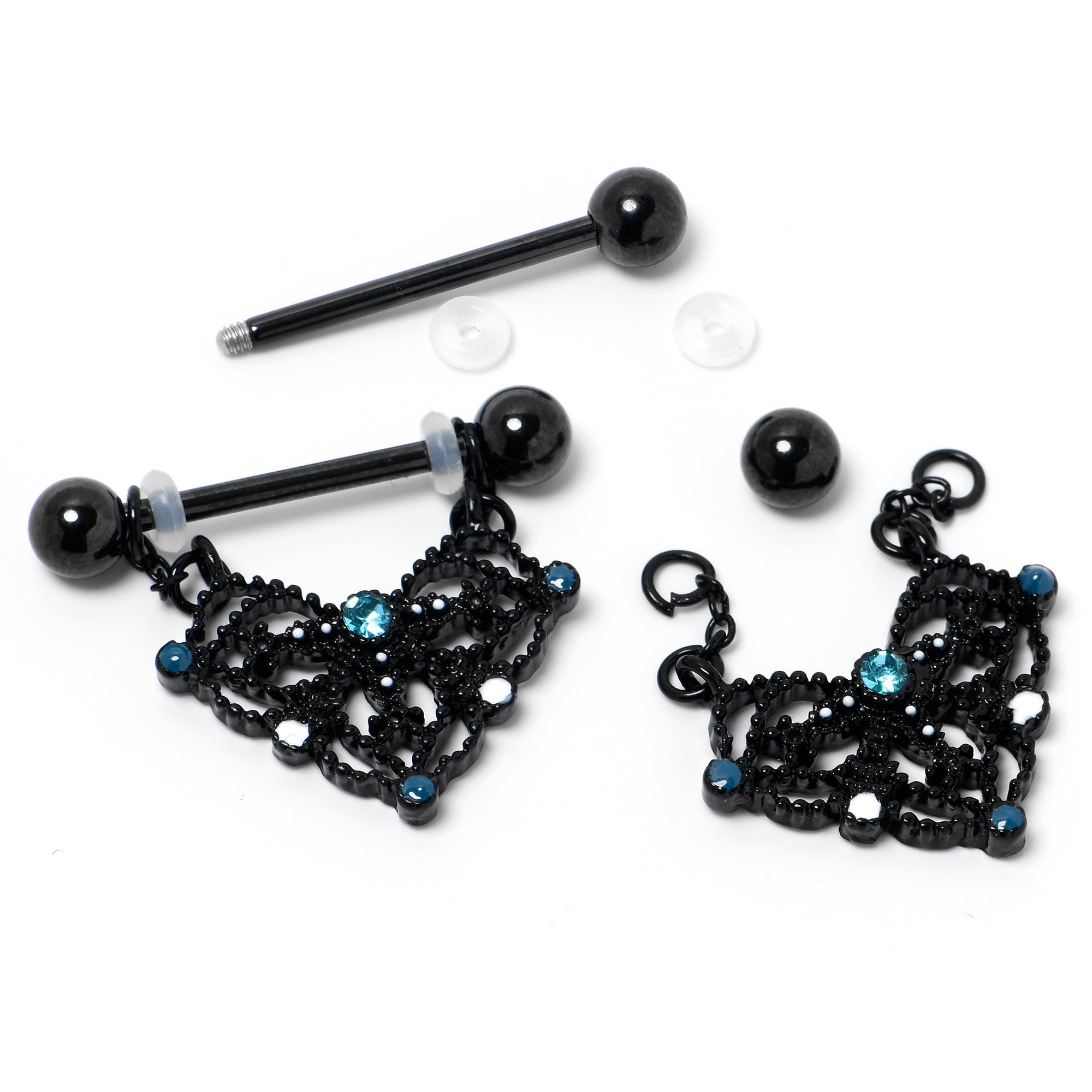 BodyCandy 14G 9/16 Blue Gem Black Lacy Rhombus Dangle Nipple Ring Set — back view