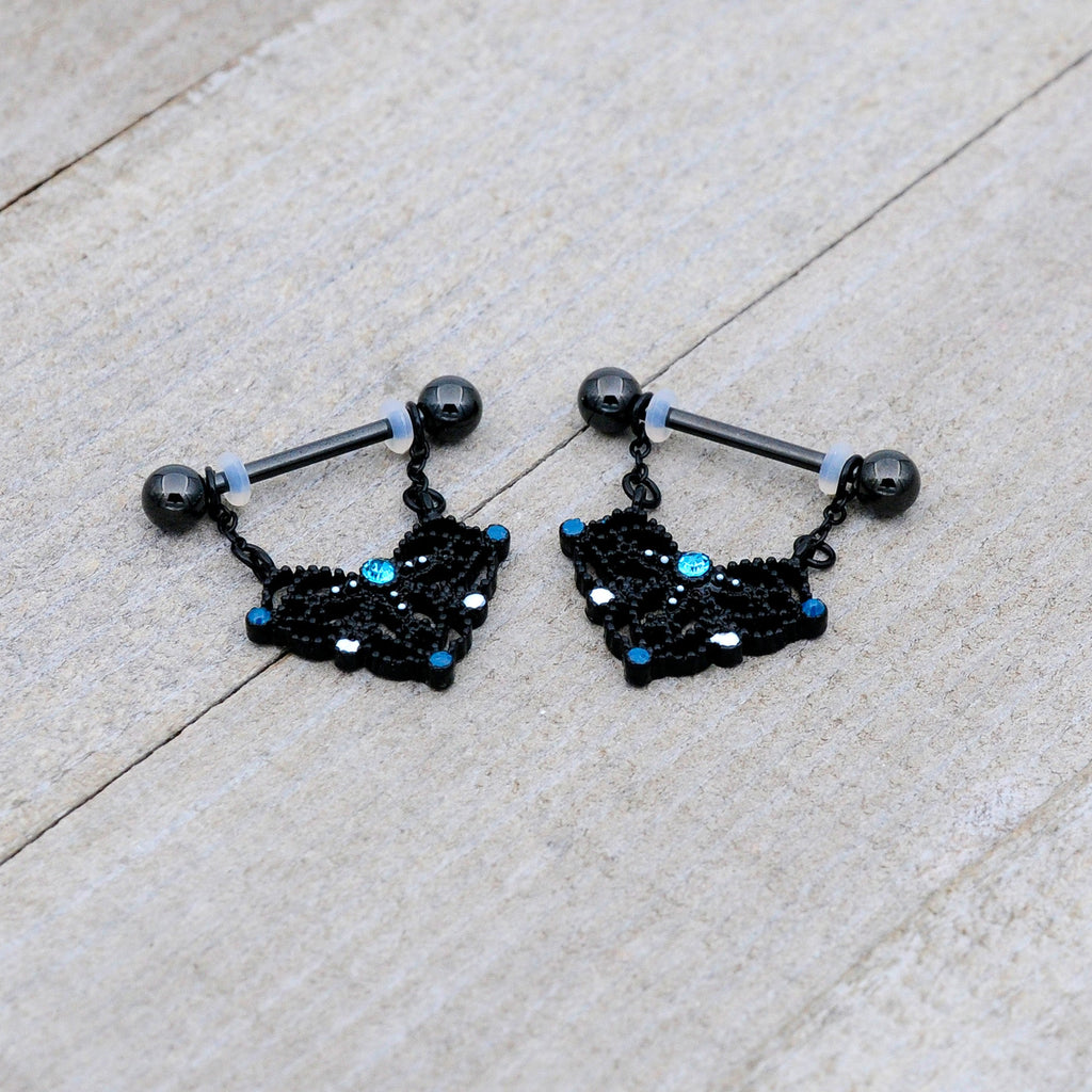 BodyCandy 14G 9/16 Blue Gem Black Lacy Rhombus Dangle Nipple Ring Set — alternative angle