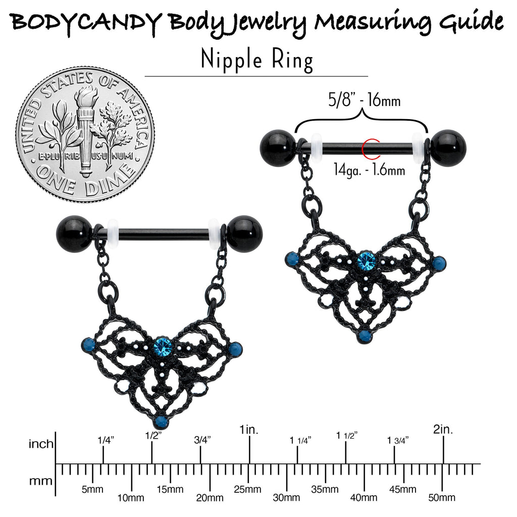 BodyCandy 14G 9/16 Blue Gem Black Lacy Rhombus Dangle Nipple Ring Set — in-use photo