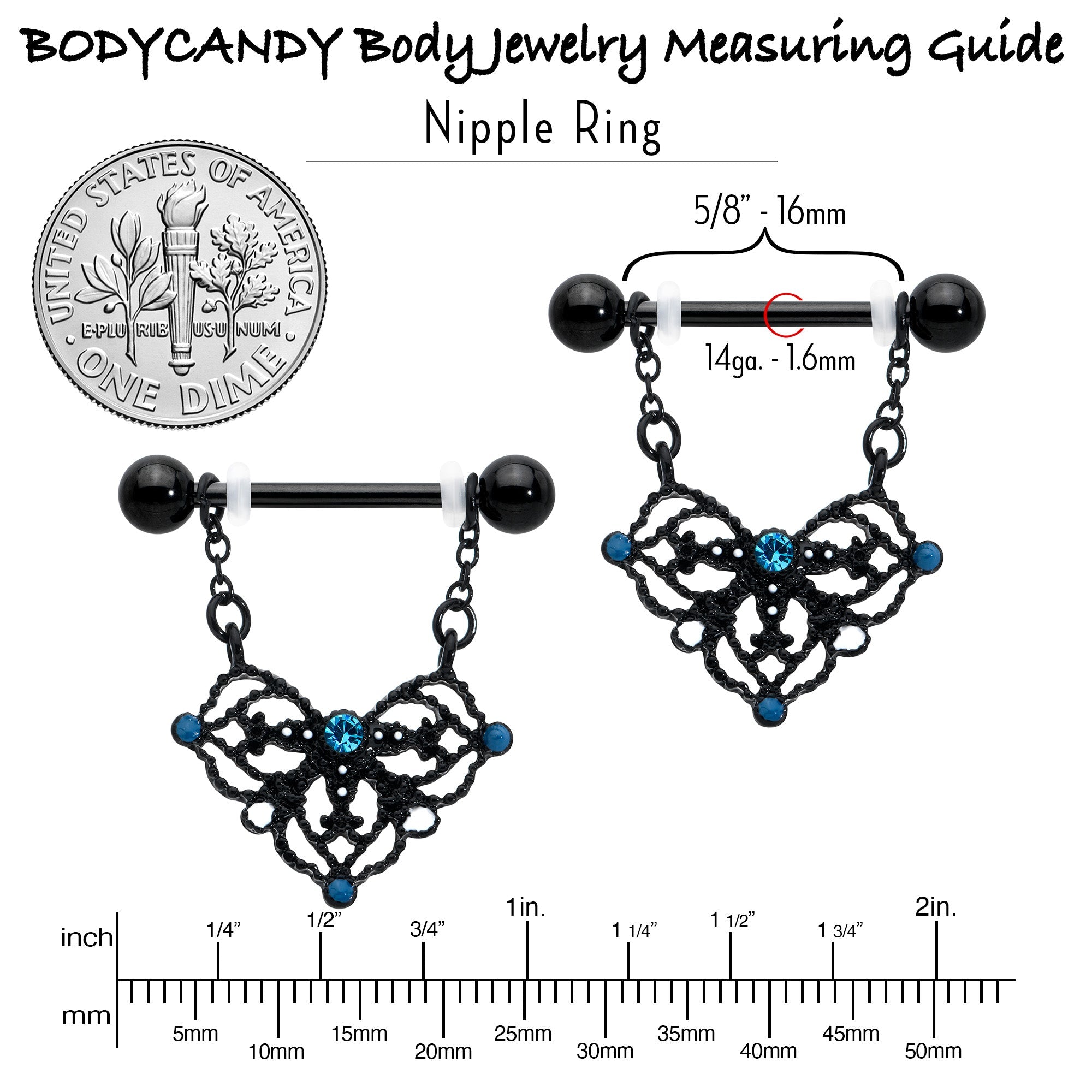 BodyCandy 14G 9/16 Blue Gem Black Lacy Rhombus Dangle Nipple Ring Set — in-use photo