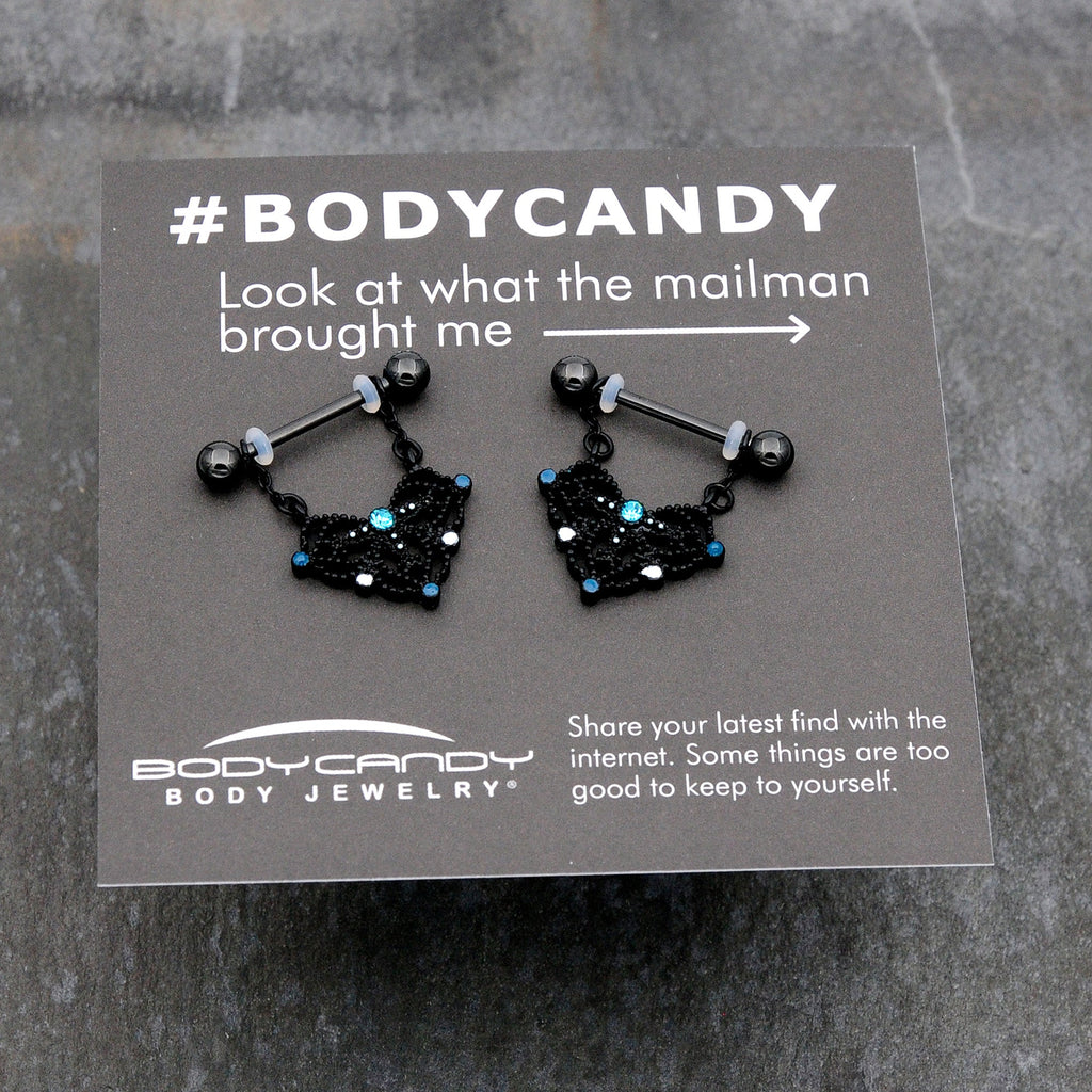 BodyCandy 14G 9/16 Blue Gem Black Lacy Rhombus Dangle Nipple Ring Set — size reference