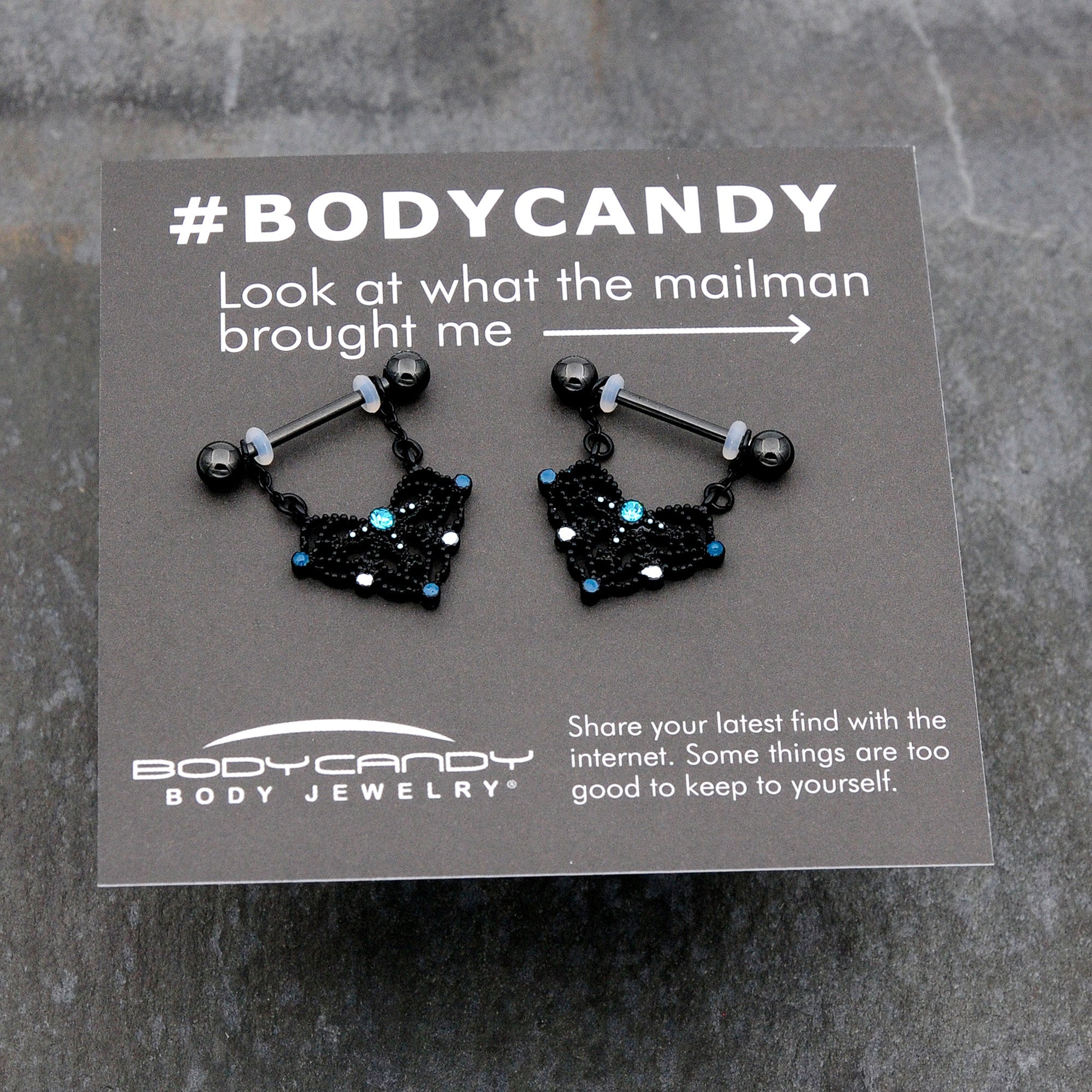 BodyCandy 14G 9/16 Blue Gem Black Lacy Rhombus Dangle Nipple Ring Set — size reference