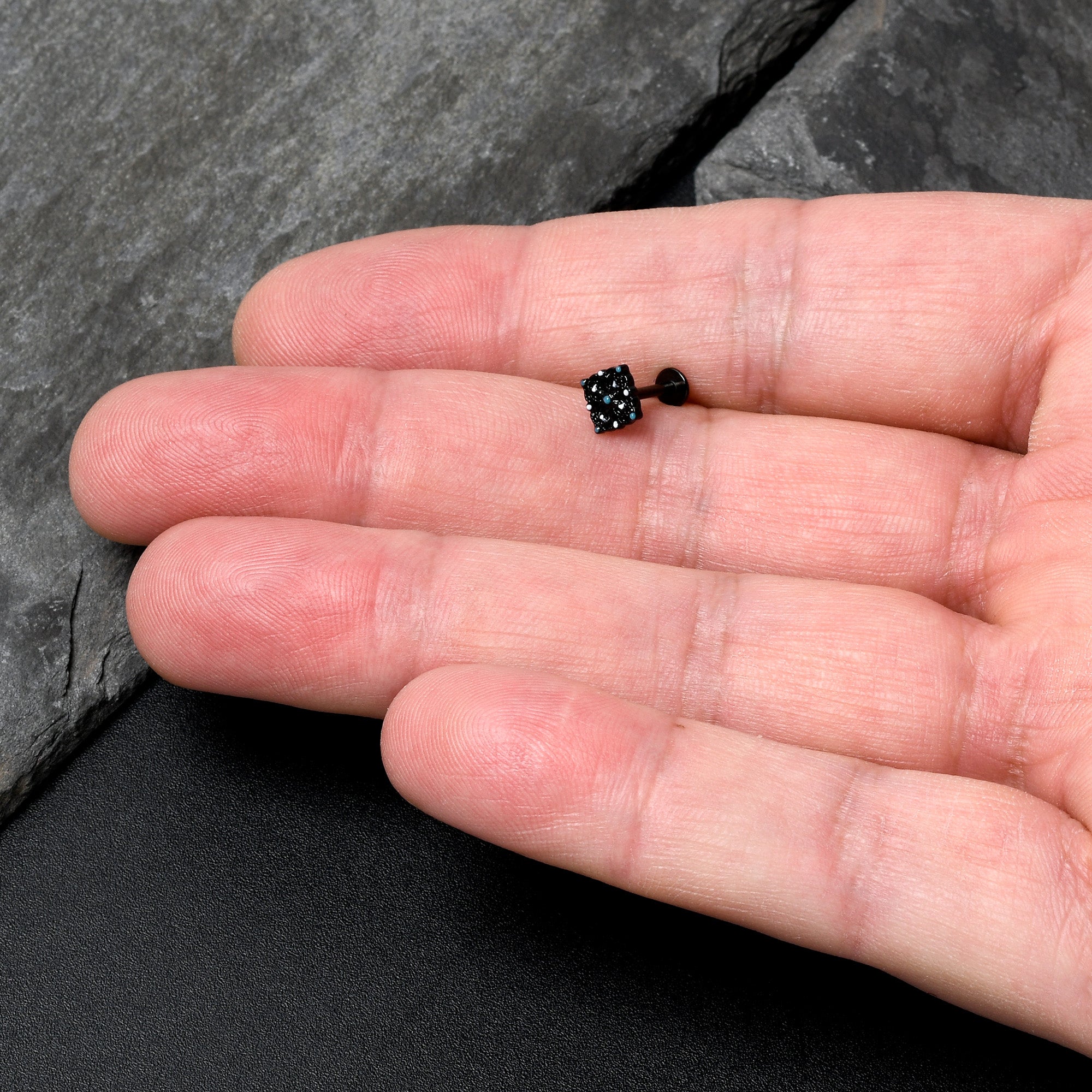 BodyCandy 16G 5/16 Black Lacy Rhombus Blue Labret Monroe Tragus — side view