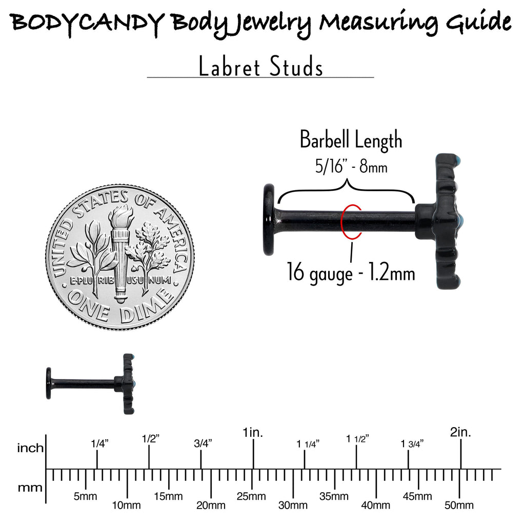 BodyCandy 16G 5/16 Black Lacy Rhombus Blue Labret Monroe Tragus — in-use photo