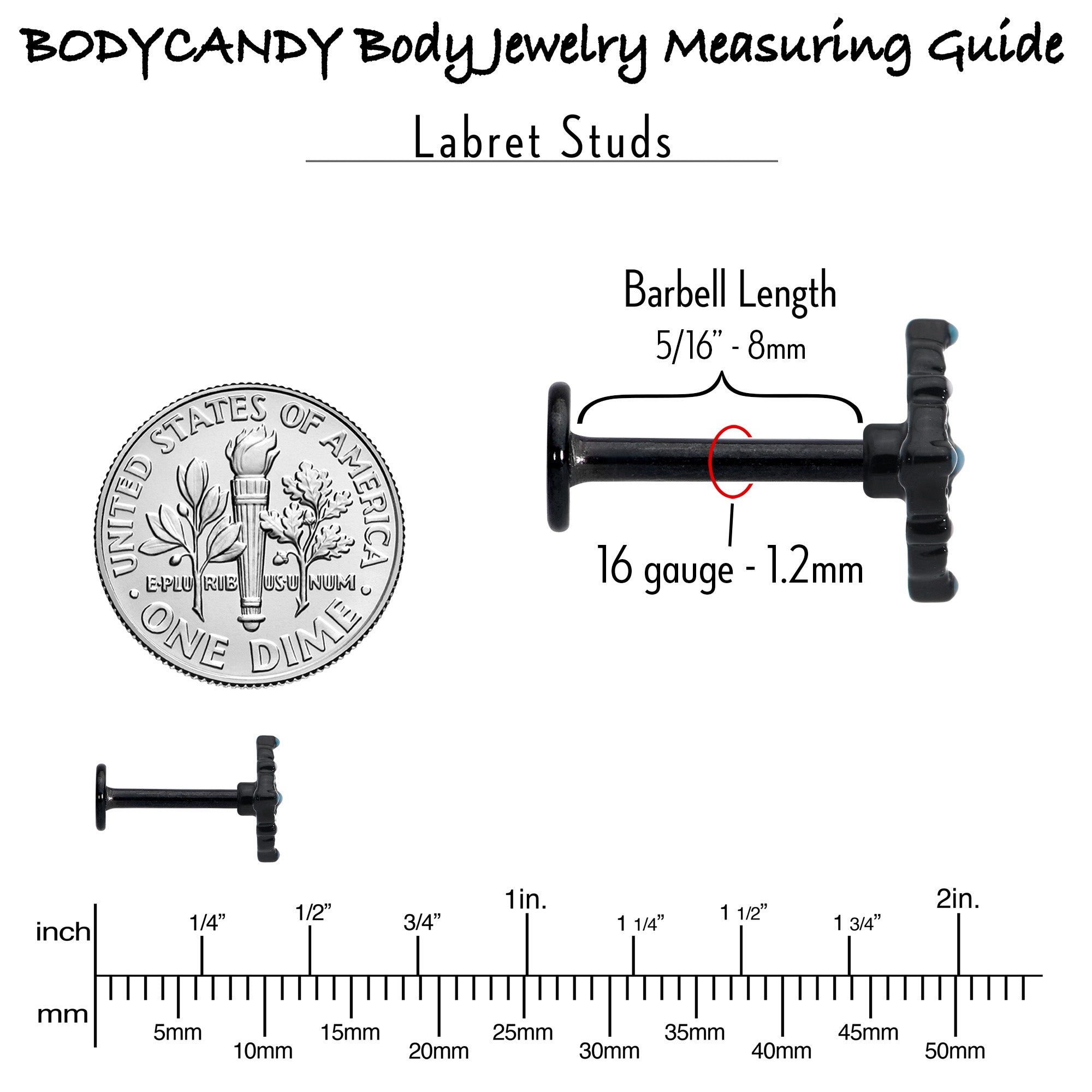 BodyCandy 16G 5/16 Black Lacy Rhombus Blue Labret Monroe Tragus — in-use photo