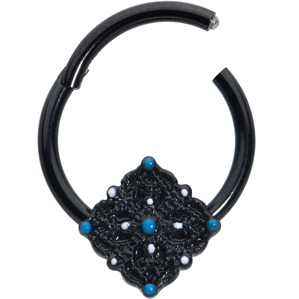 BodyCandy 16G 3/8 Black Lacy Rhombus Blue Hinged Segment Ring — detail close-up