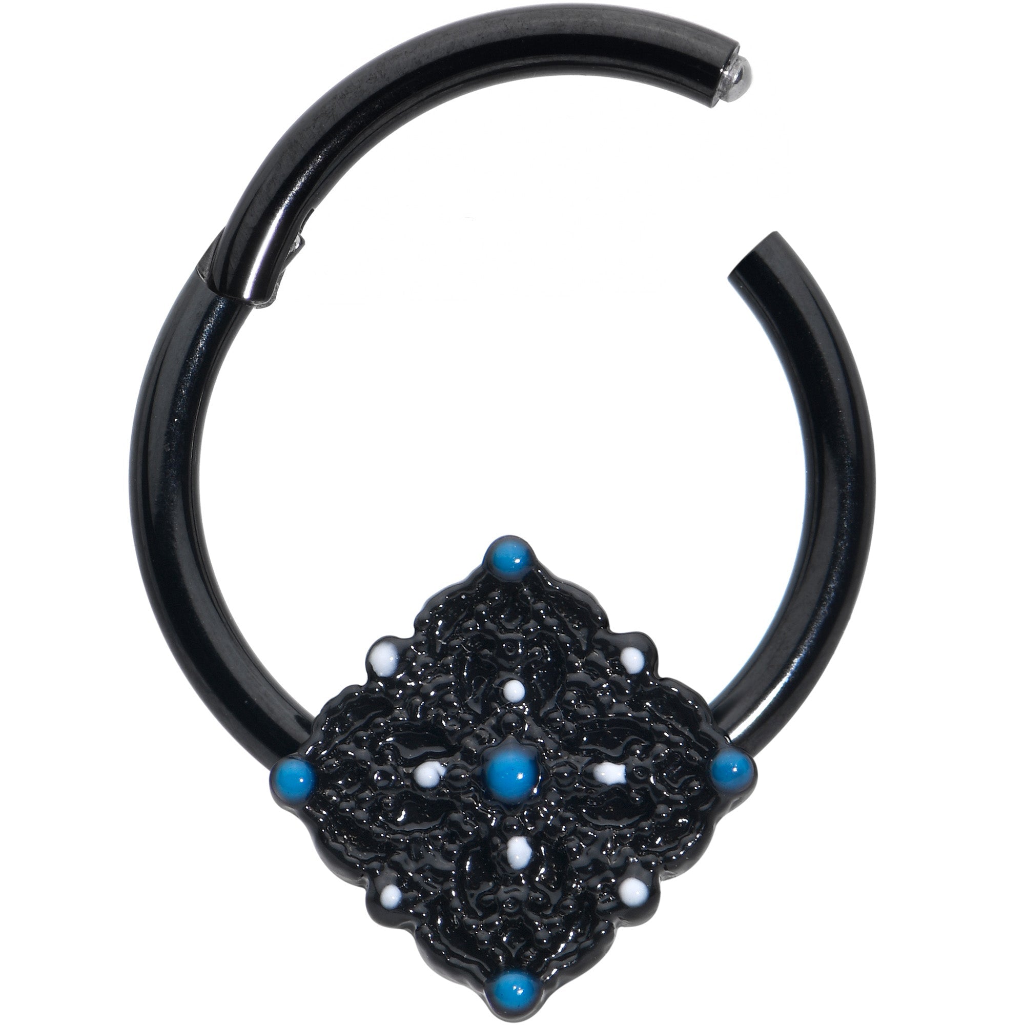 BodyCandy 16G 3/8 Black Lacy Rhombus Blue Hinged Segment Ring — detail close-up