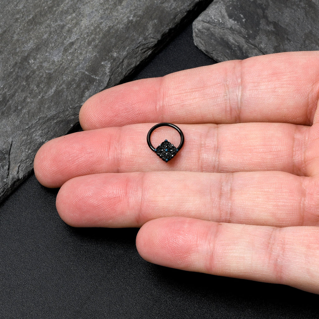 BodyCandy 16G 3/8 Black Lacy Rhombus Blue Hinged Segment Ring — lifestyle context