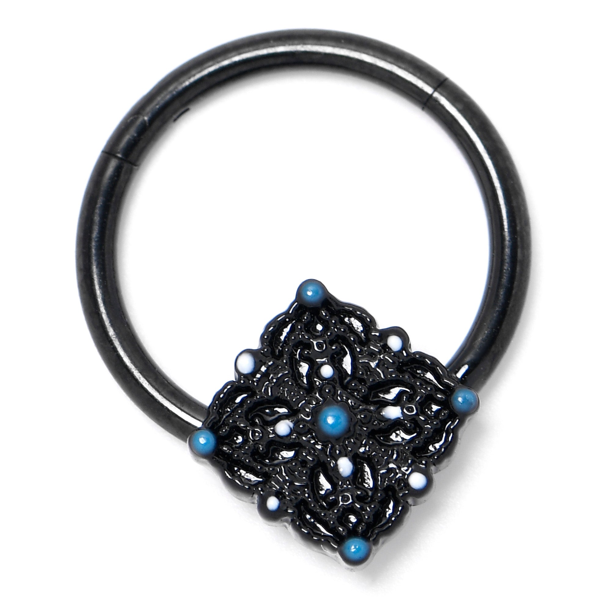 BodyCandy 16G 3/8 Black Lacy Rhombus Blue Hinged Segment Ring — side view