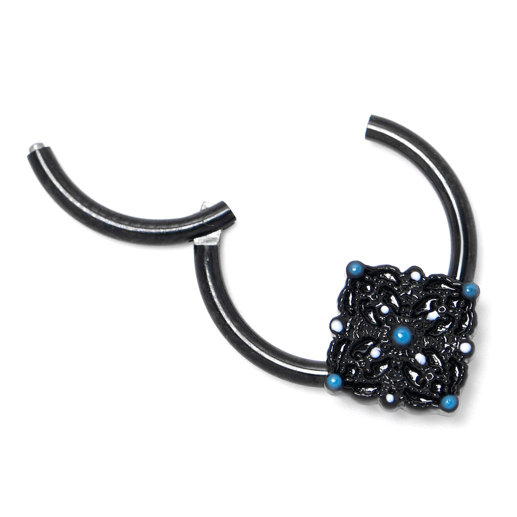 BodyCandy 16G 3/8 Black Lacy Rhombus Blue Hinged Segment Ring — back view