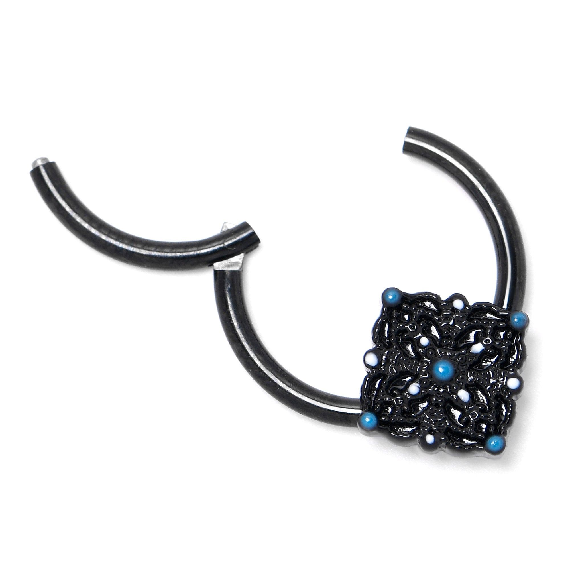 BodyCandy 16G 3/8 Black Lacy Rhombus Blue Hinged Segment Ring — back view