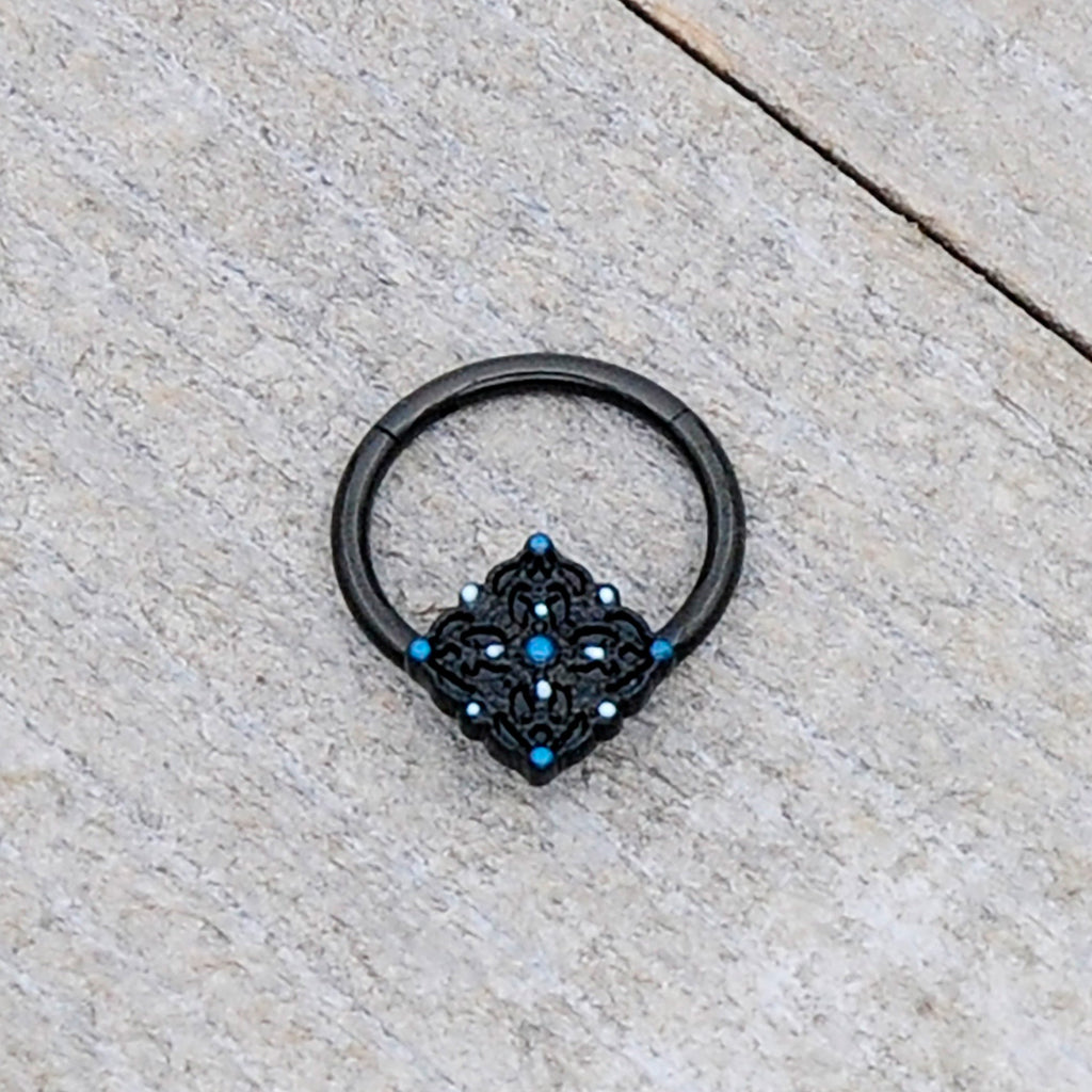 BodyCandy 16G 3/8 Black Lacy Rhombus Blue Hinged Segment Ring — alternative angle