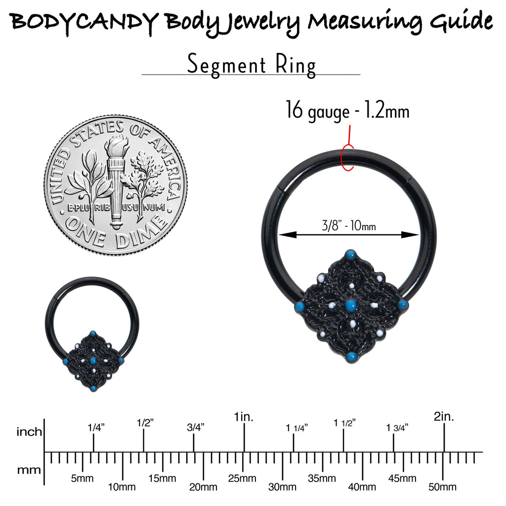 BodyCandy 16G 3/8 Black Lacy Rhombus Blue Hinged Segment Ring — in-use photo