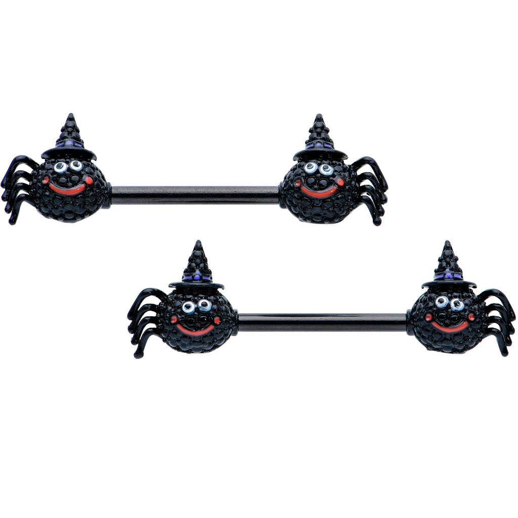 BodyCandy 14G 9/16 Black Halloween Smiling Spider Barbell Nipple Ring Set — main product shot