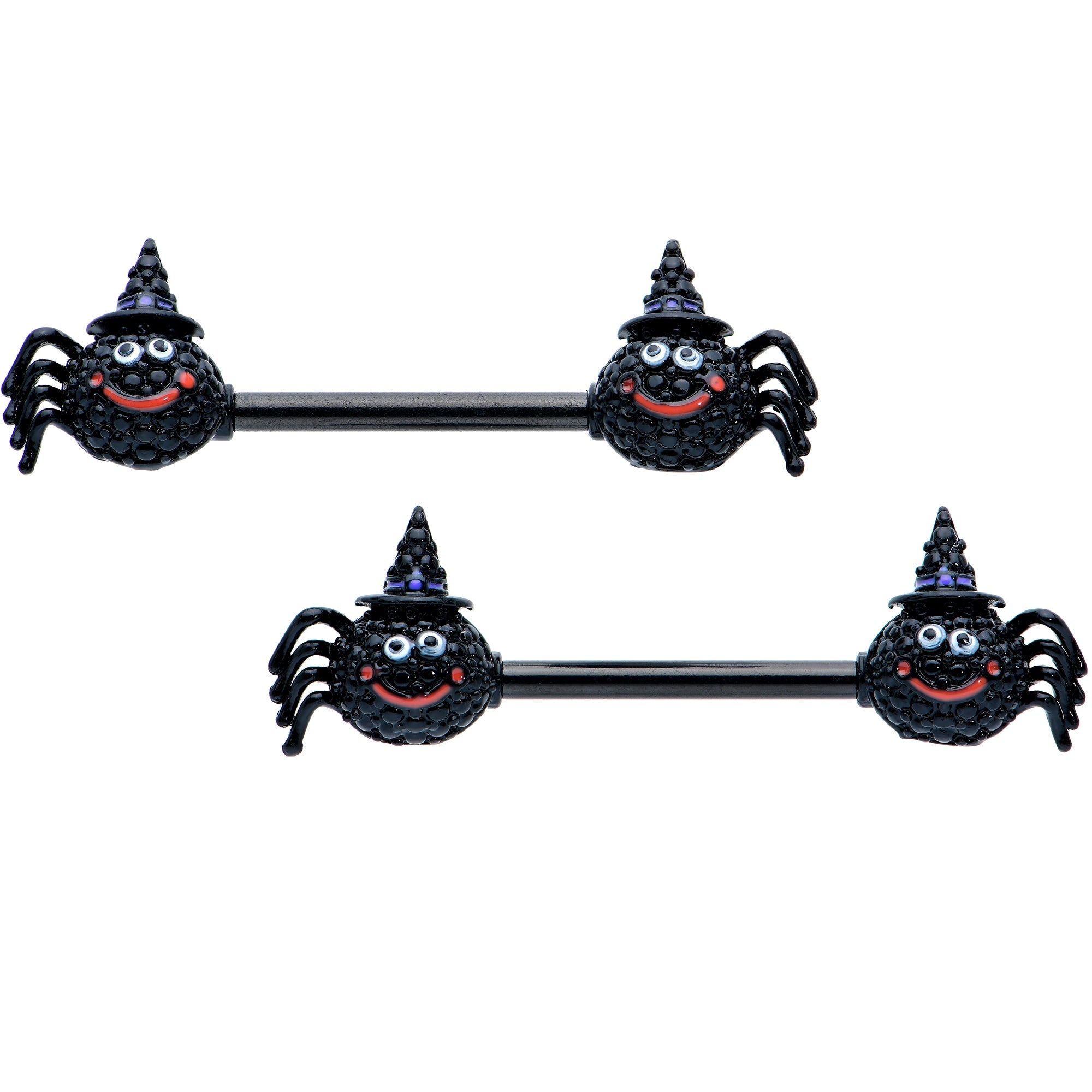 BodyCandy 14G 9/16 Black Halloween Smiling Spider Barbell Nipple Ring Set — main product shot